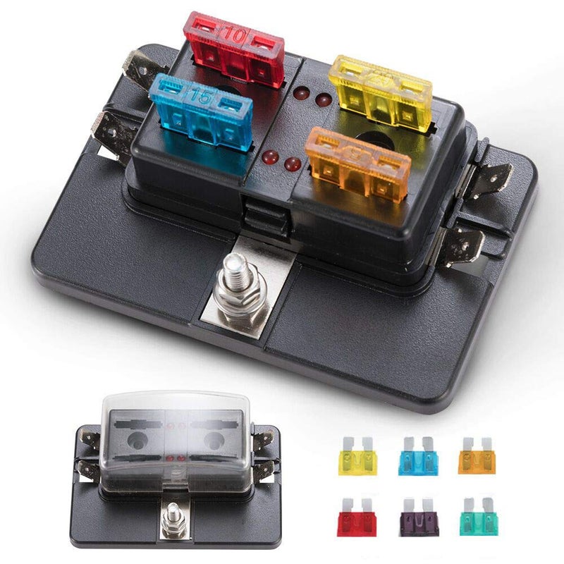 BUNKER INDUST 4-Way Blade Fuse Box with LED Indicator for Blown Fuse,Fuse Block Holder Box with Protection Cover for Car Boat Marine Automotive,Include 12Pcs Blade Fuses - Image 1